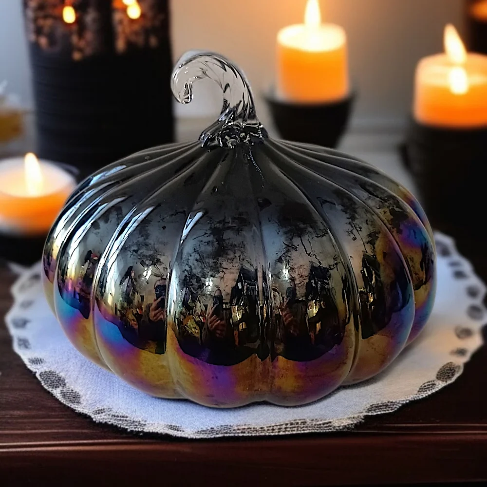 Glass Iridescent Halloween Pumpkin Carnival Hand Blown Stem Purple Black Harvest